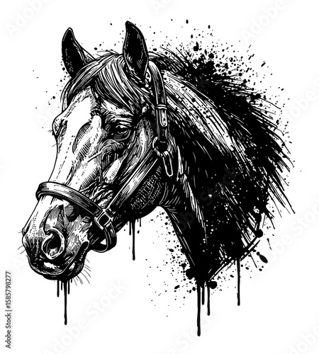 Horse Head Drip Splatter Abstract Surreal Paint Messy Black Solid Black and White Outline Line Art Drawing