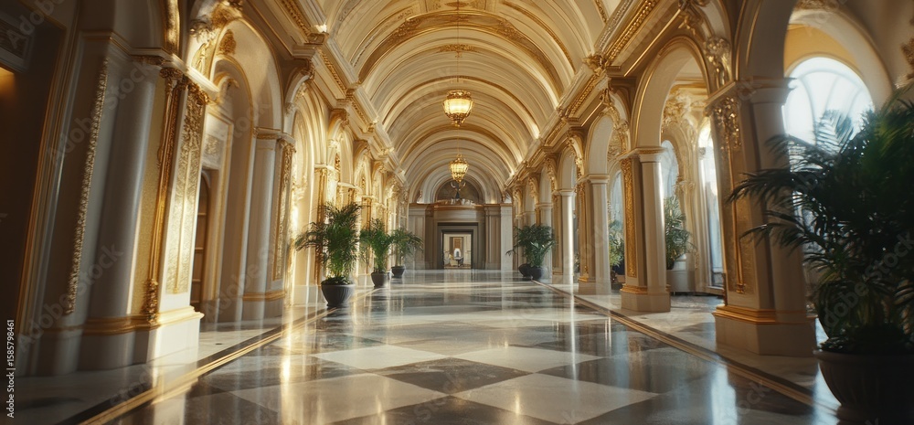 Fototapeta premium Opulent Grand Hallway: A Golden Palace Interior