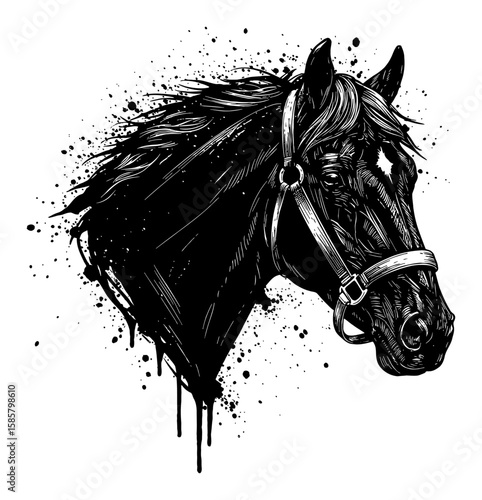 Dynamic Black Horse Head Drip Splatter Paint Abstract Surreal Messy Style Black and White Outline Line Art Drawing