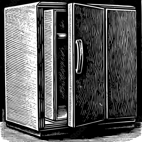 Locked In: A monochromatic artwork of a cabinet, the opened door revealing an interior shelf, hinting at the protection and security it provides. 