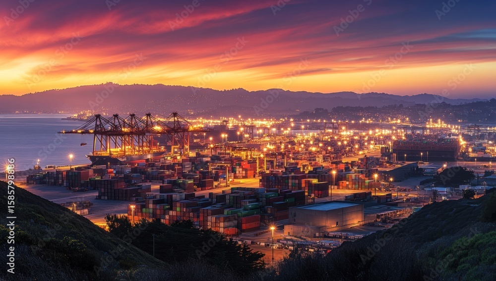 Fototapeta premium Golden Hour at the Port: A Panoramic View of Container Terminal at Sunset