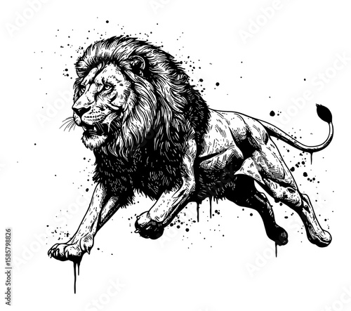 Powerful Lion Running Drip and Splatter Abstract Surreal Messy Black and White Outline Line Art Drawing