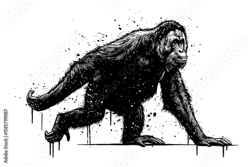 Surreal Abstract Orangutan Running with Paint Splat and Deep Solid Black Drip Messy Style Black and White Outline Line Art Drawing