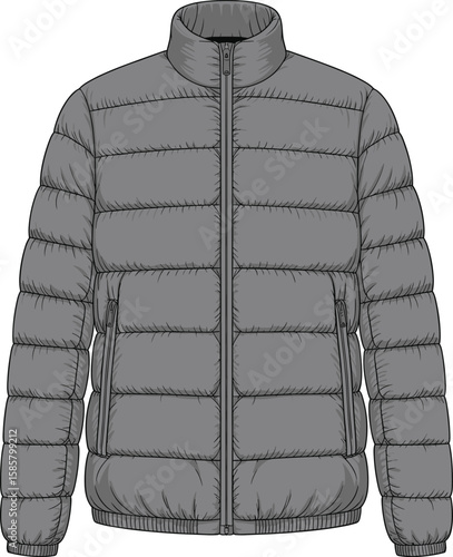 CAD drawing flat vector illustration of puffer jacket, high collar, zip closure, padded fashion, winter garment, cozy cold weather outerwear