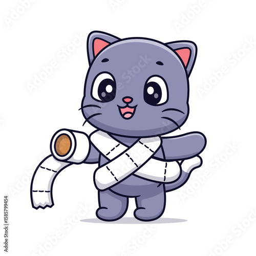 Cute Cat Play Toilet Tissue Paper Cartoon Vector Icon Illustration. Animal Nature Icon Concept Isolated Premium Vector. Flat Cartoon Style