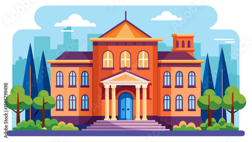 Vector art of a vibrant, modern illustration of a large, colorful educational building with trees and clouds in the background