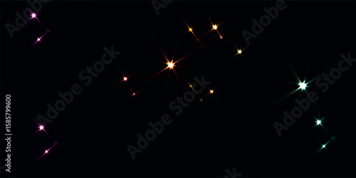 Multicolored Sparkling Star Lights On Dark Background Featuring Pink, Orange, Yellow, and Green Glows, Creating a Magical, Fantasy, and Vibrant Celestial Atmosphere.