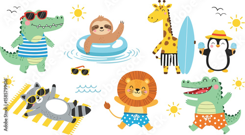 Cartoon animals enjoy summer vacation with beach and water activities