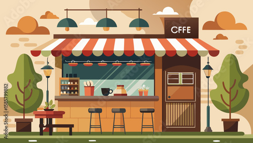 Vector art of a cozy flat illustration of a cafe storefront with an awning, counter, stools, and outdoor seating