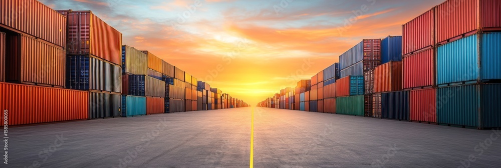 Fototapeta premium Global Trade and Logistics: Sunset over Container Port