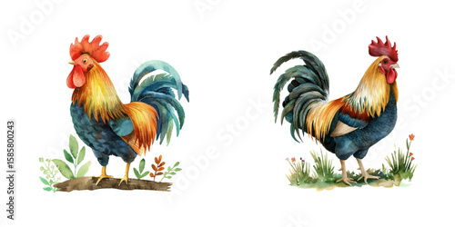 cute rooster watercolor vector illustration