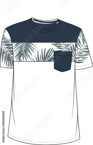 CAD drawing flat vector illustration of tropical leaf print t-shirt, navy and white color block design, summer casual fashion, stylish beachwear garment layout
