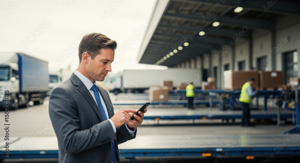 Business professional using smartphone for fleet monitoring on bustling loading dock. Business professional using smartphone for fleet monitoring on bustling loading dock.