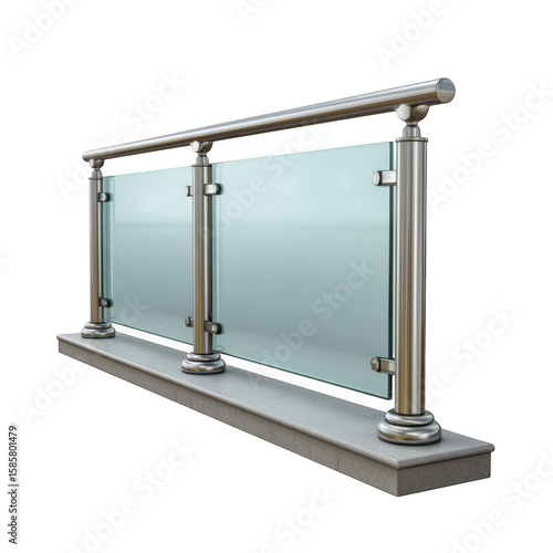 Modern stainless steel glass balustrade with frosted panels isolated on transparent background
