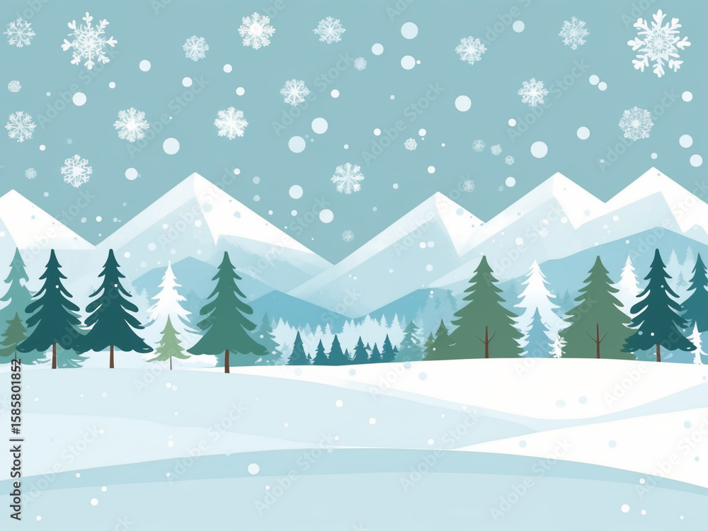 Fototapeta premium Flat vector illustration of a winter landscape with snow-covered mountains, pine trees, and falling snowflakes against a light blue sky.