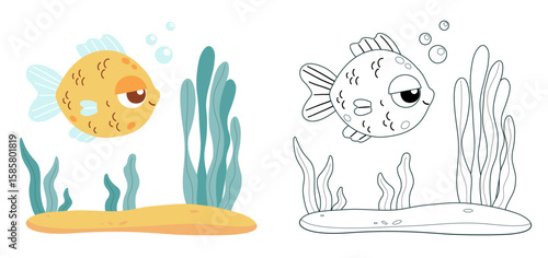 Tropical cute fish with algae on seabed. Isolated Outline and color drawing. Coloring Page. Vector illustration. Kids collection