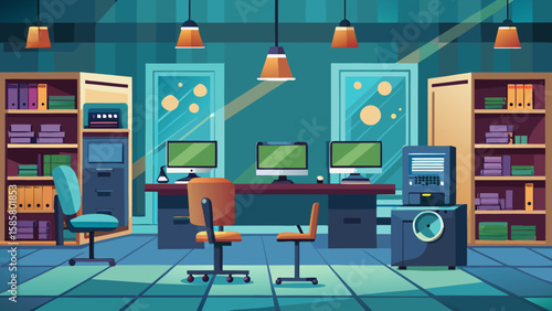 Vector art of an office interior featuring computer desks, chairs, bookshelves, and a server machine, with doors and windows in the background