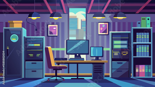 Vector art of an office interior with computers, servers, and bookshelves, featuring a cityscape visible through a large window