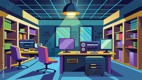 Vector art of a futuristic office space with multiple workstations, computers, chairs, and shelves, bathed in vibrant neon and purple lighting