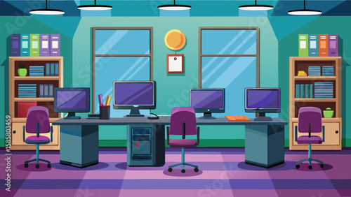 Vector art of a modern office interior featuring multiple workstations with computers, chairs, and organized shelves, illuminated by overhead lighting