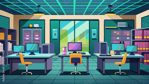 Vector art of three workstations arranged in a row within an office, each featuring a computer, chair, and desk, with shelves and windows in the background