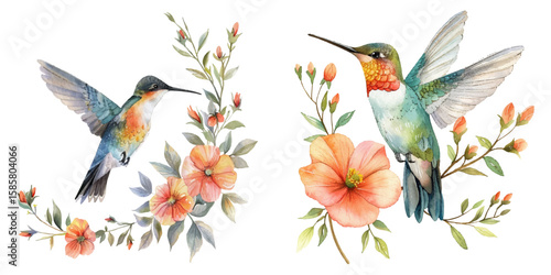 floral hummingbird watercolor vector illustration