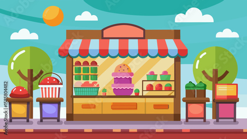 Vector art of a cheerful bakery on a sunny day offers a delightful selection of baked goods and treats