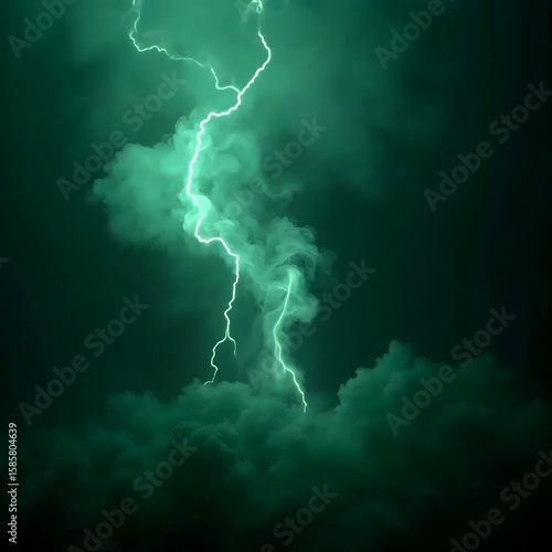 Green lightning with fog and clouds