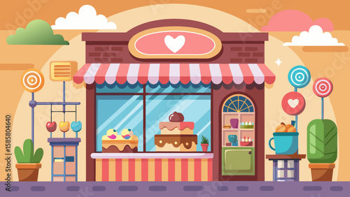 Vector art of a charming bakery storefront brimming with delicious cakes, cupcakes, and colorful lollipops on a sunny day
