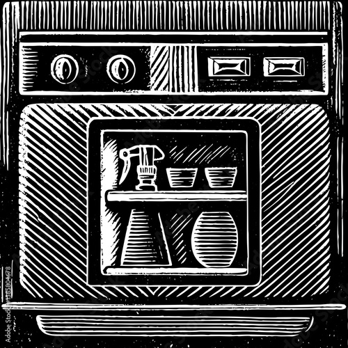 Wooden carved kitchen appliance: A detailed illustration of a wood-carved kitchen appliance with various compartments and objects.