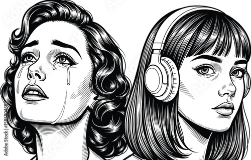 Two contrasted female faces drawn in black and white style