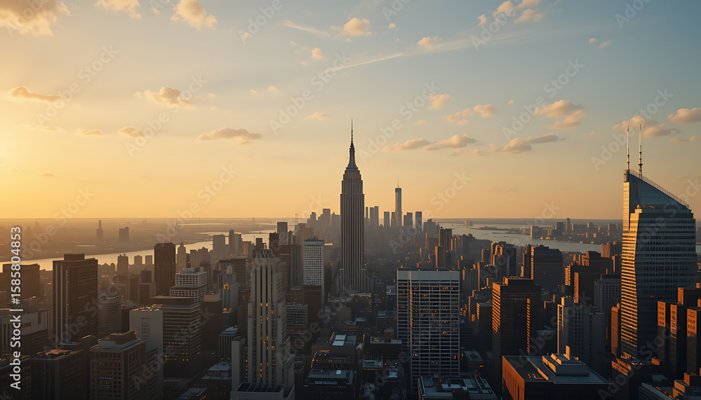 Fototapeta premium Golden Hour Over New York City A Stunning Skyline View, capturing the vibrant city lights and architecture bathed in warm sunlight during sunset.