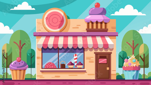 Vector art of a quaint bakery facade adorned with a striped awning, featuring tempting cupcakes and sweet treats in the window