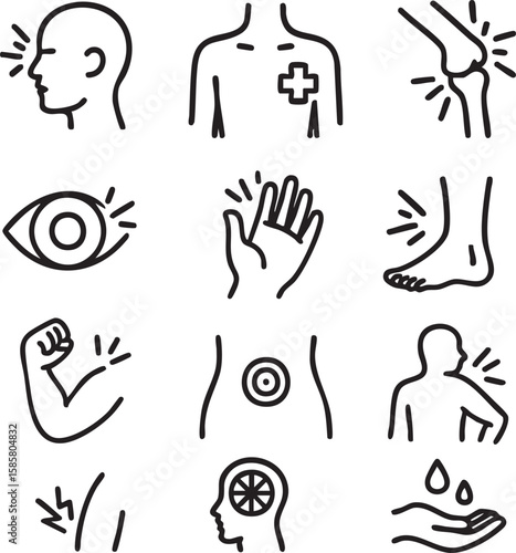 A collection of simple, black and white line art icons representing various human body parts and ailments, perfect for medical or health-related design projects.