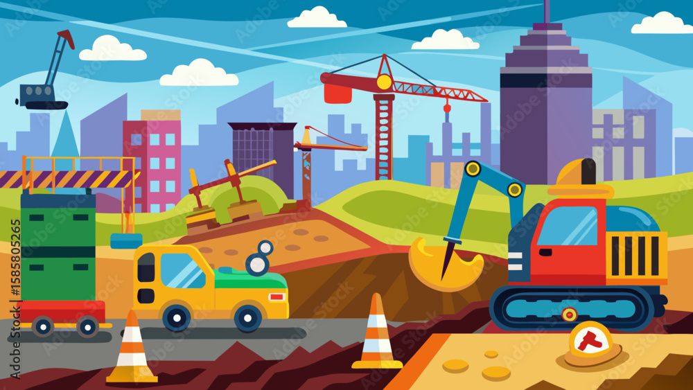 Naklejka premium Vector art of an active construction zone with excavators, trucks, and cranes working towards building a city