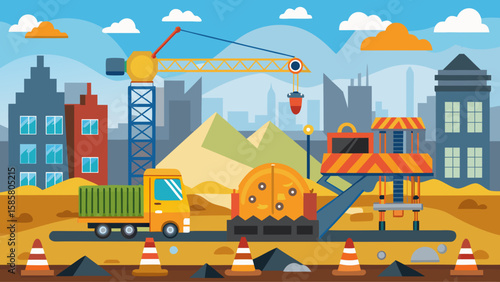 Vector art of a construction site with a large crane, truck, and machinery in front of a developing city