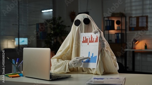 Fotografie Ghostly Figure in Office Analyzing Bar Chart Data