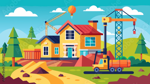 Vector art of a colorful illustration captures a house being built, with a crane, truck, and excavator actively working on the site