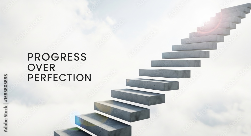 Obraz premium A serene staircase ascending into the clouds symbolizes the journey of progress over perfection