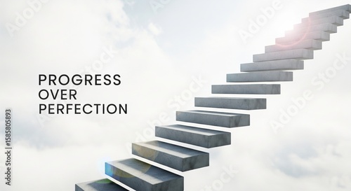A serene staircase ascending into the clouds symbolizes the journey of progress over perfection