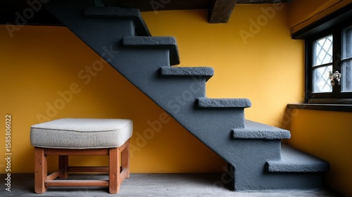 Grey carpeted stairs next to a wooden stool and a leaded window against a yellow wall