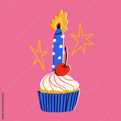 Burning Candle on a Cupcake. Tasty dessert with cherry. Hand drawn modern Vector illustration. Isolated design element. Birthday celebration, party, anniversary concept. Sticker, logo, print template