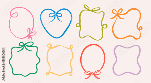 Set of various decorative Frames or borders. Different shapes. Photo or mirror frames. Elegant, outline, ribbon, modern style. Hand drawn trendy Vector illustration. Isolated design elements