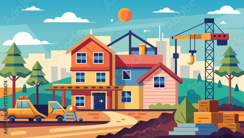 Vector art of a lively illustration showcases a multistory house under construction, featuring cranes, vehicles, and building materials in a sunny urban setting
