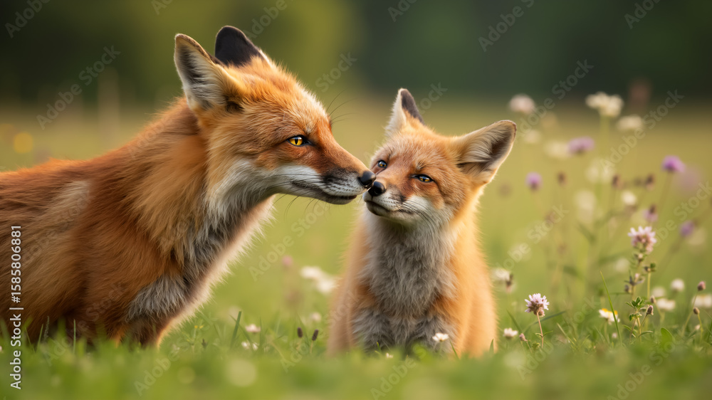 Fototapeta premium Red fox mother nuzzling her cub in a wildflower meadow. Close up of two foxes interacting in a grassy field. Family bond concept.