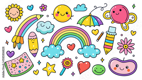 Vector art of a collection of cute and colorful doodle illustrations featuring a smiling sun, rainbow, flowers, rocket, and other playful elements