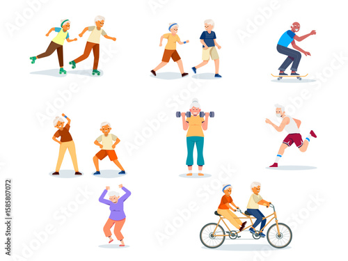 active senior grandparent couple rest everyday activity happy retired elderly people shopping spending time together walking travelling exercising illustration