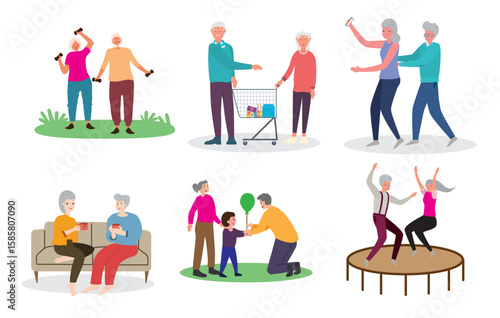 active senior grandparent couple rest everyday activity happy retired elderly people shopping spending time together walking travelling exercising illustration