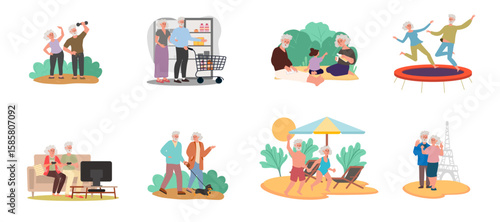 active senior grandparent couple rest everyday activity happy retired elderly people shopping spending time together walking travelling exercising illustration
