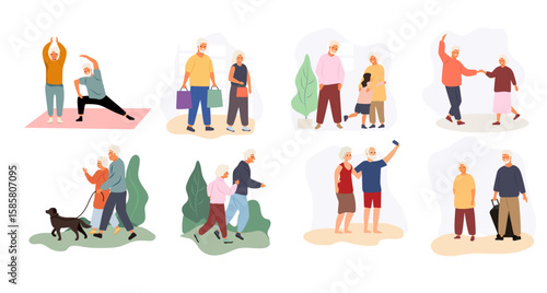 active senior grandparent couple rest everyday activity happy retired elderly people shopping spending time together walking travelling exercising illustration
